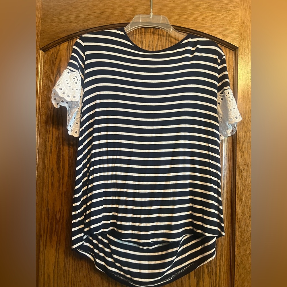 Maurices Navy and White Striped Blouse with Eyelet Sleeves